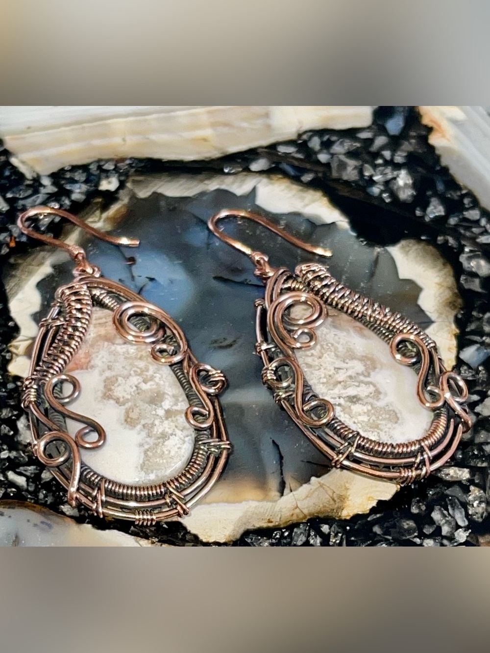 Copper Wire-wrapped Crazy Lace Agate Earrings 2 1/4” - Picture 8 of 17